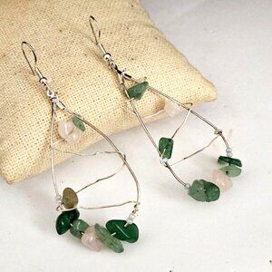 Green and Pink Gemstone Teardrop Wire Earrings